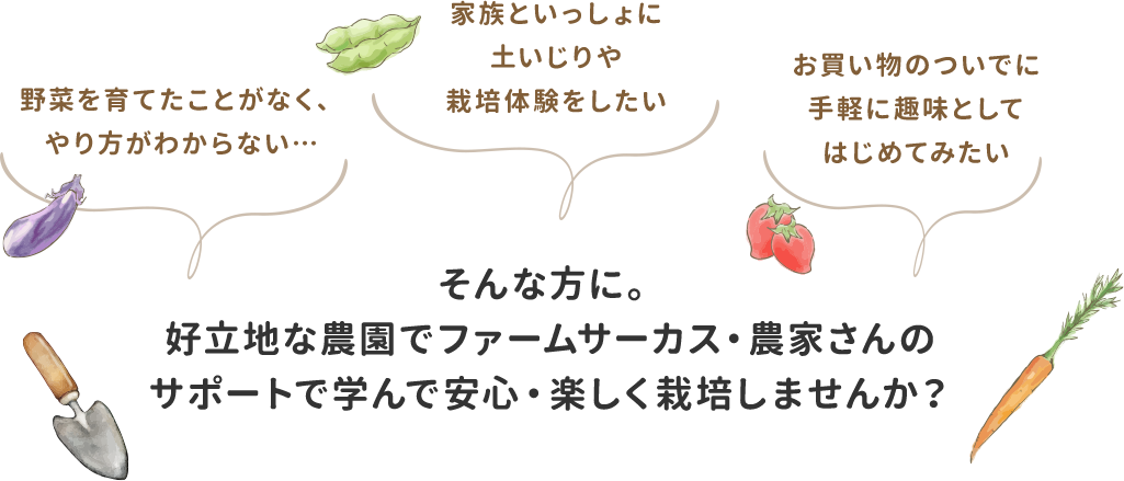 そんな方に。 好立地な農園でファームサーカス・農家さんの サポートで学んで安心・楽しく栽培しませんか？